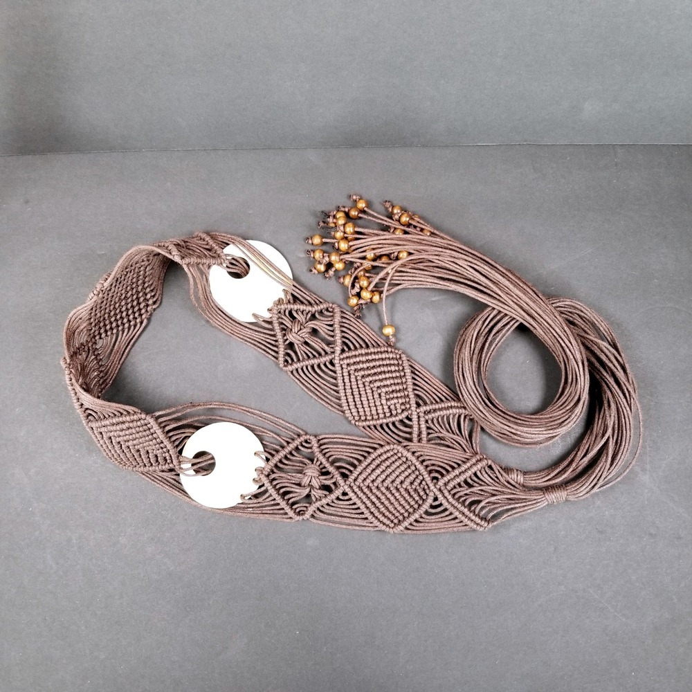 Vintage Brown Macrame Wrap Belt Mother of Pearl Shell Accents Wood Beads 70 inch